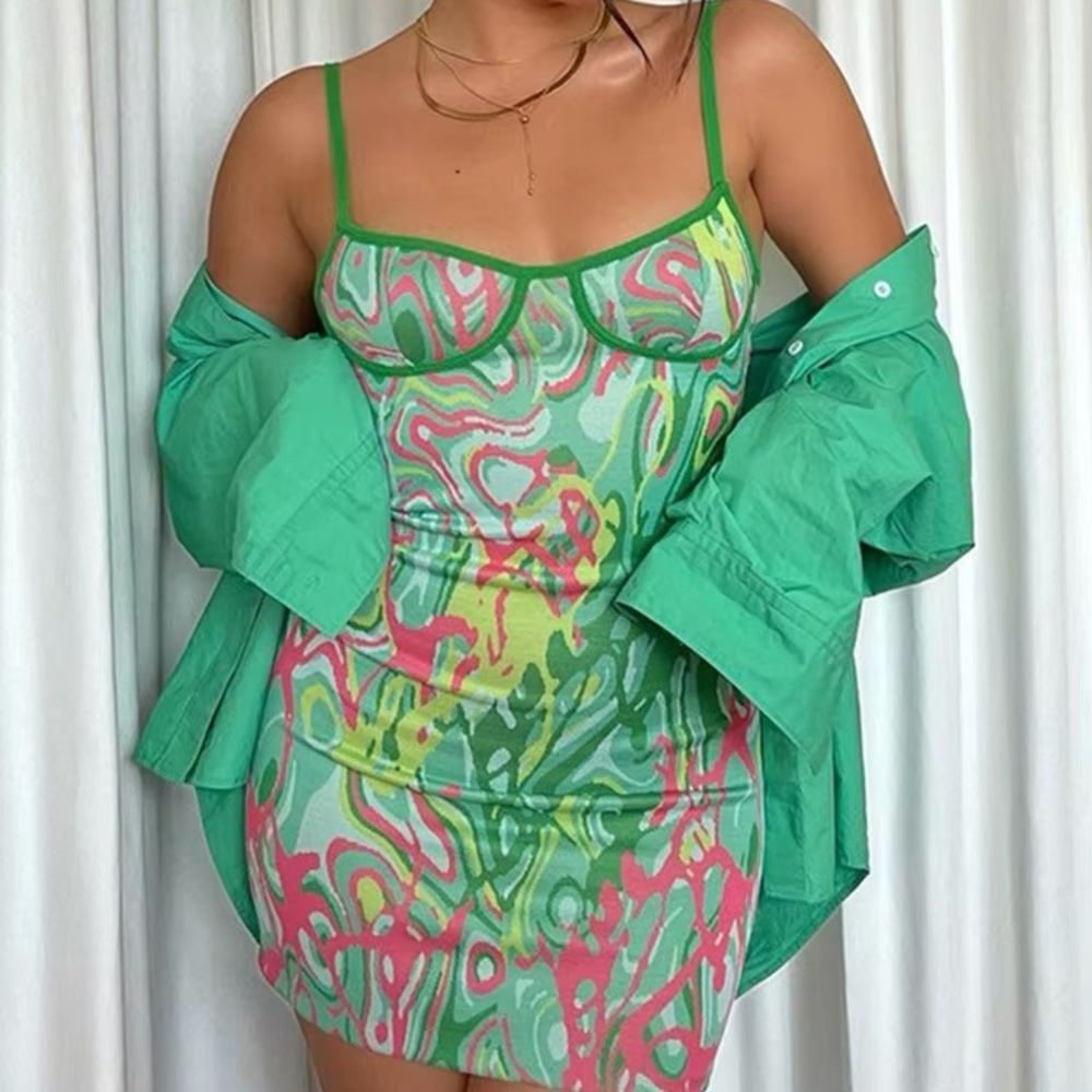 Zara Green Pink Mini Bodycon Dress Small Colorful Swirl Pattern Y2K Disco Party